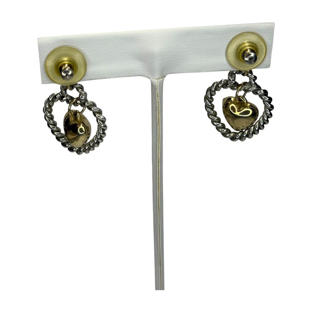 Vintage Women Jewelry Gold & Silver Tone Twisted Rope Heart Drop Dangle Earrings - Picture 4 of 7